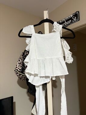 Miu Miu White Textured Ruffle Peplum Tie-Back Blouse